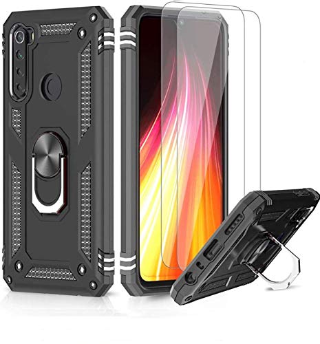 LeYi Funda Xiaomi Redmi Note 8 con [2-Unidades] Cristal Vidrio Templado,Armor Carcasa con 360 Grados Anillo iman Soporte Hard PC y Silicona TPU Bumper Antigolpes Case para Movil Note 8,Negro