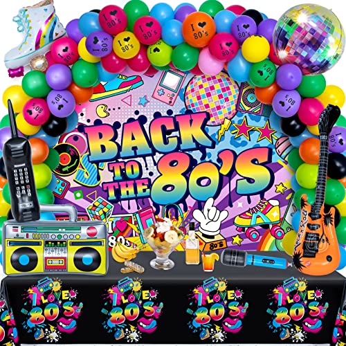 132Pcs Decoraciones de Fiesta 80s Globos Guirnalda Inflable Teléfono Móvil Radio Micrófono Monopatín Guitarra Foilglobo Fondo Mantel Decoración Hip Pop de Años 80 para Adultos