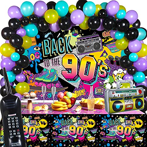 Suministros para fiesta de cumpleaños de los años 80 90, paquete de fiesta de los años 80, incluye caja de radio inflable y teléfono móvil, telón de fondo de los años 80 o 90, mantel, globos de 95