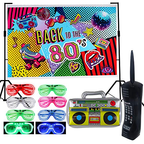Paquete de 9 suministros de decoración para telón de fondo de fiesta de los años 80, inflable retro para teléfono móvil, caja de luz LED, obturador, gafas de sombreado, favores de fiesta, decoración