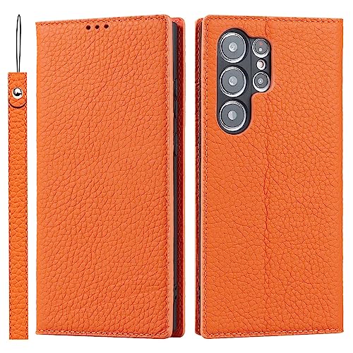 EKSED Funda Tipo Cartera para Samsung Galaxy S23/S23 Plus/S23 Ultra, Funda De Piel Auténtica para Teléfono con Correa para La Muñeca, Tarjetero, Funda con Tapa Tipo Folio,S23 Ultra,Orange